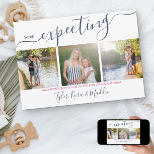 Elegant Script 3 Square Photo Navy Pink Pregnancy Announcement