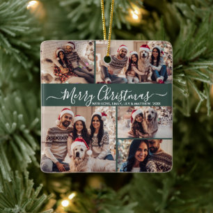 Elegant Script 5 Photo Collage Green Christmas Ceramic Ornament