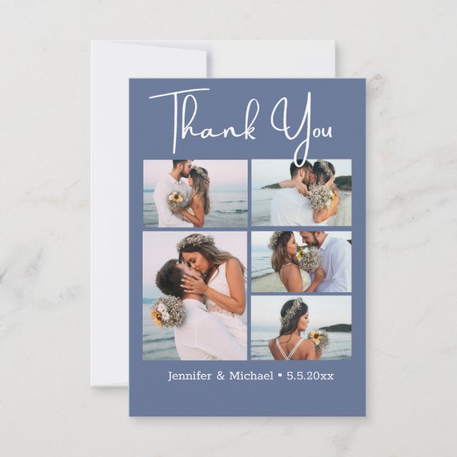 elegant script 5 photos collage blue nova wedding  thank you card (Front)