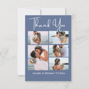 elegant script 5 photos collage blue nova wedding  thank you card