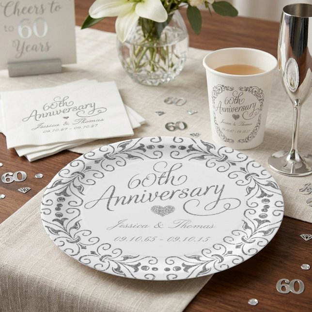 Elegant Script 60th Diamond Wedding Anniversary Paper Plate (Creator Uploaded)