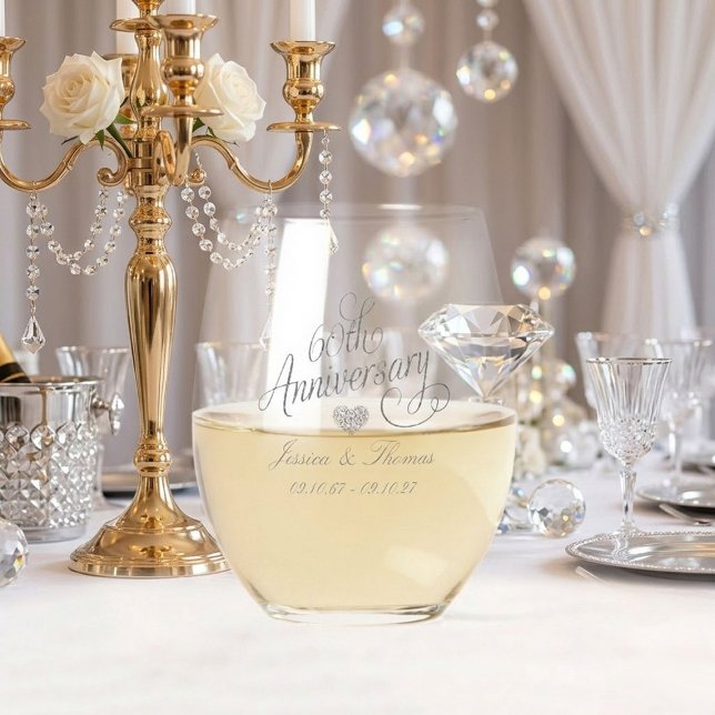 Elegant Script 60th Diamond Wedding Anniversary Stemless Wine Glass (Creator Uploaded)