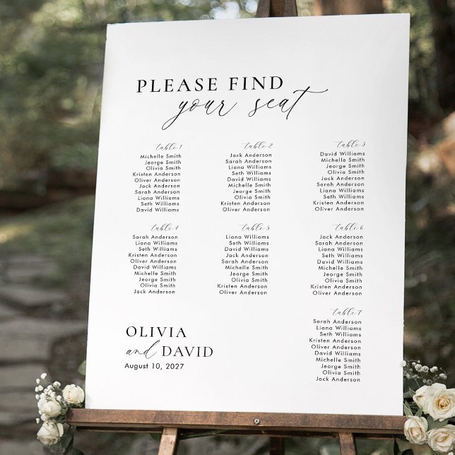 Elegant Script 7 table Seating Chart Foam Board (Wedding seating chart for 7 tables)