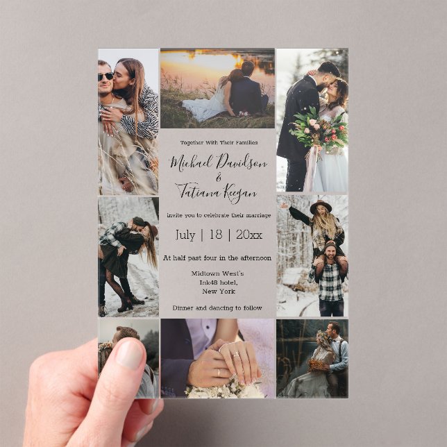 elegant script 8 photos collage modern wedding acrylic invitations (Insitu (Handheld))