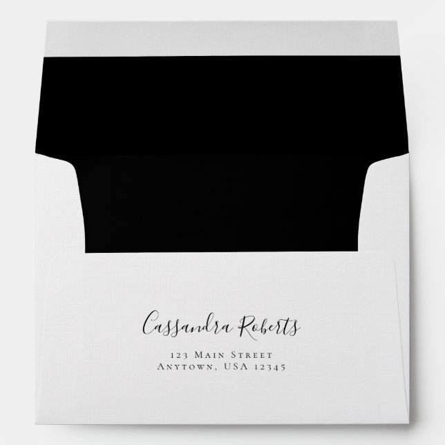 Elegant Script A7 Black White Return Address Envelope (Back (Bottom))