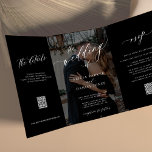 Elegant script all in one photo black wedding Tri-Fold invitation<br><div class="desc">Modern simple stylish typography trendy black all in one budget affordable tri fold wedding invitation template with 2 photos, rsvp and details with scanning QR codes featuring a chic trendy calligraphy script and dark overlay. Easy to personalise with one or two custom photos (you can upload the same photo on...</div>
