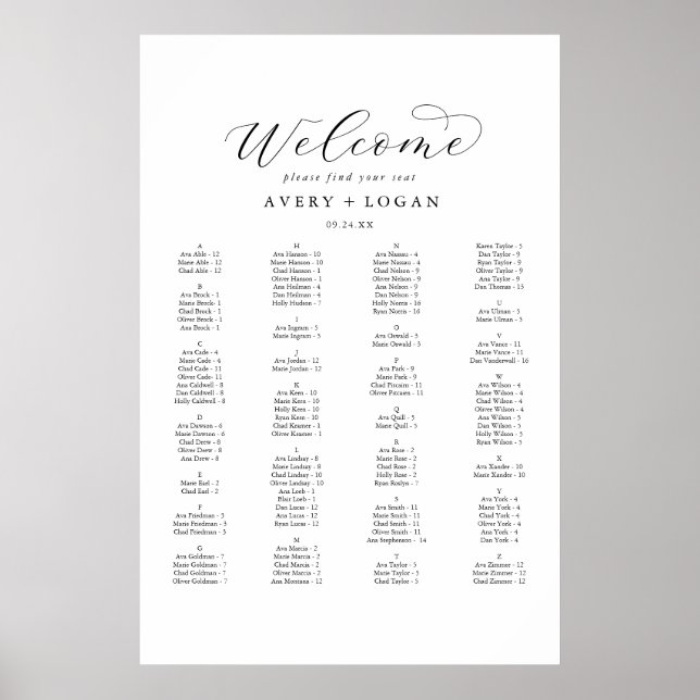 Elegant Script Alphabetical Seating Chart (Front)