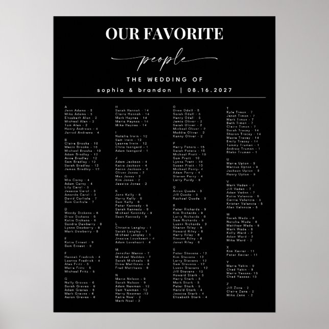 Elegant Script Alphabetical Wedding Seating Chart (Front)