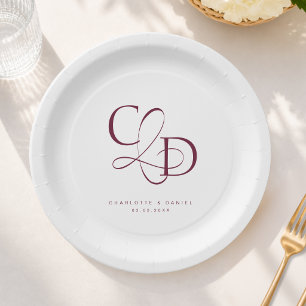Elegant Script Ampersand Burgund Wedding Paper Plate
