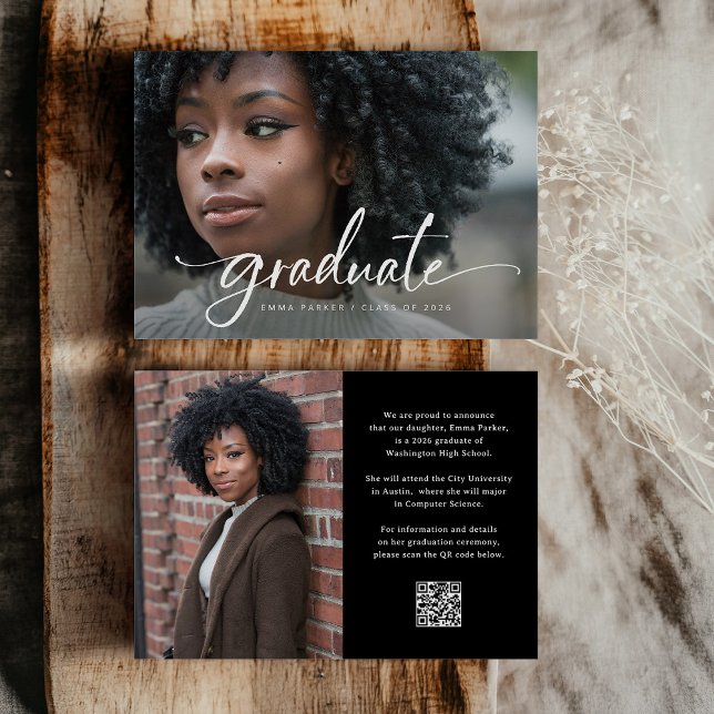 Elegant Script and Black Photo QR Code Grad Party Invitation (Creator Uploaded)