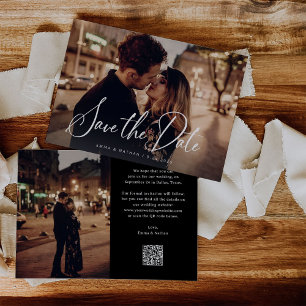 Elegant Script and Black Two Photo and QR Code Save The Date