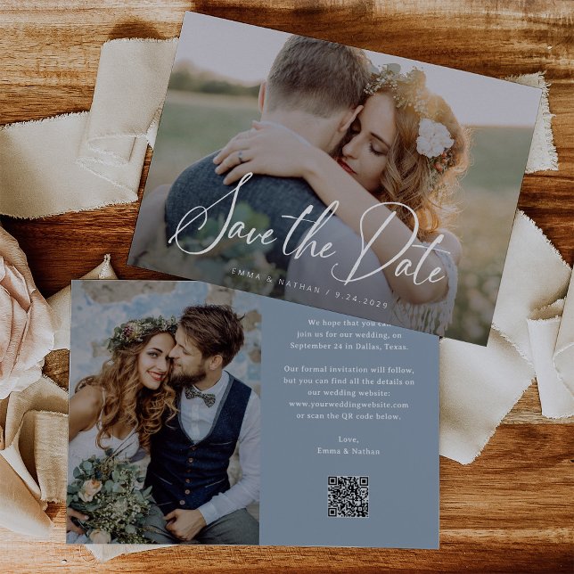 Elegant Script and Dusty Blue | Photo and QR Code Save The Date (Creator Uploaded)