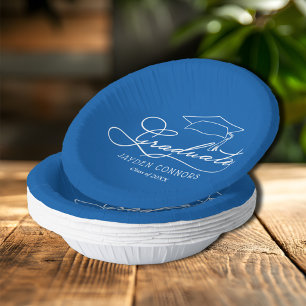 Elegant Script and Grad Cap Blue Paper Plate