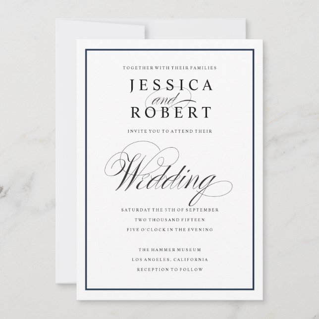 Elegant Script and Navy Border Wedding Invitation (Front)