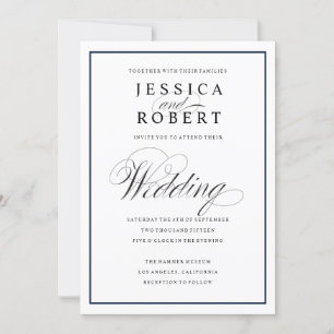 Elegant Script and Navy Border Wedding Invitation