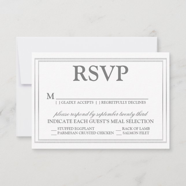 Elegant Script and Silver Border Wedding RSVP Card (Front)