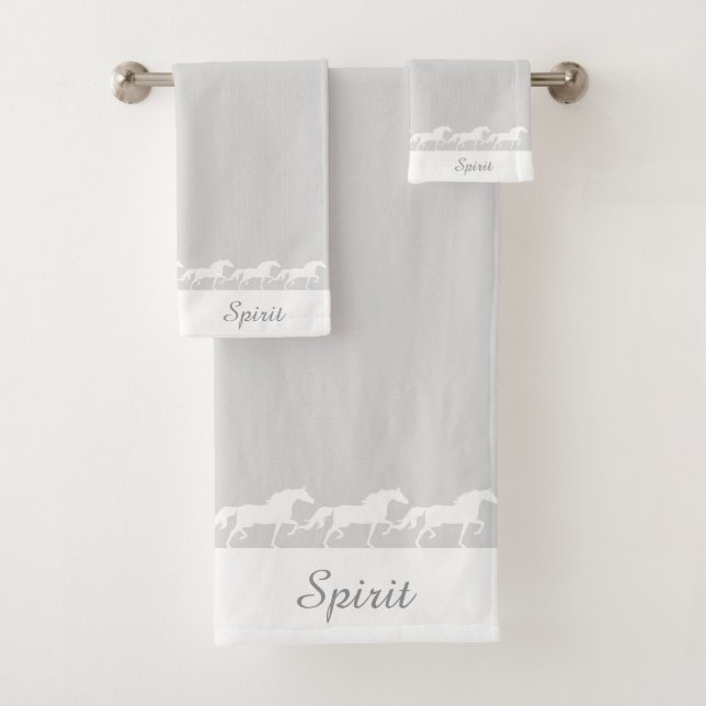 Elegant Script and Stylish Horses on Silver Grey Bath Towel Set (Insitu)