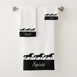 Elegant Script and Stylish Horses on White Bath Towel Set