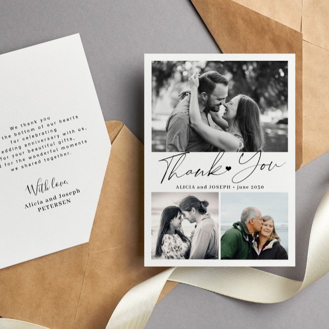 Elegant script anniversary photo collage thank you card (Creator Uploaded)