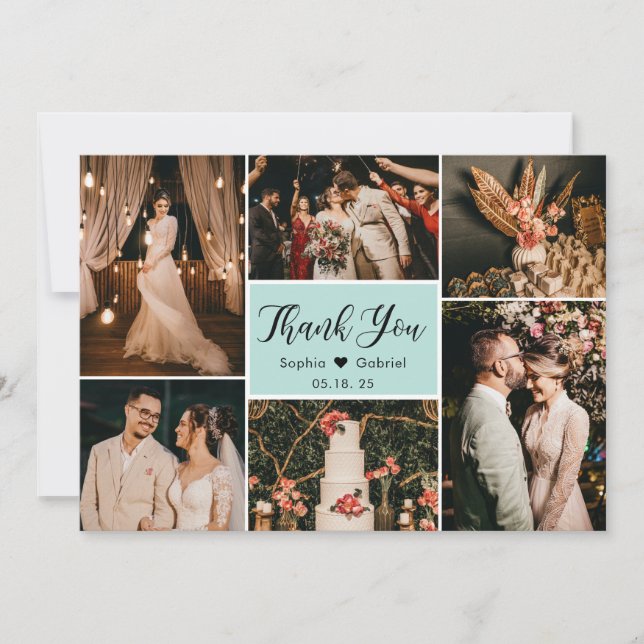 Elegant Script Aqua Wedding Multi Photo Collage Thank You Card (Front)