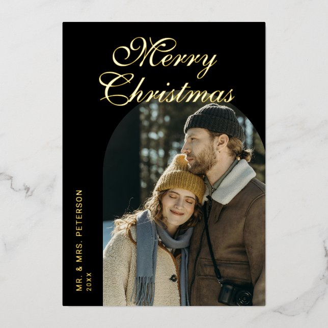 Elegant Script Arch Newlyweds Photo Black Gold (Front)