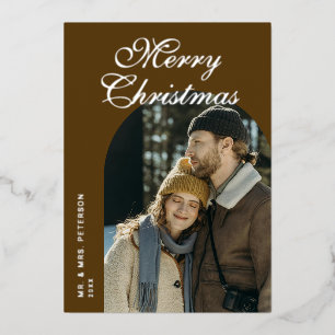 Elegant Script Arch Newlyweds Photo Brown Silver