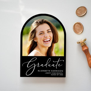 Elegant Script Arch Photo Black Graduation Party Invitation