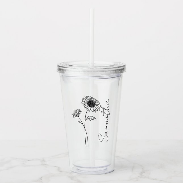 Elegant Script Aster September Birth Flower Name Acrylic Tumbler (Front)