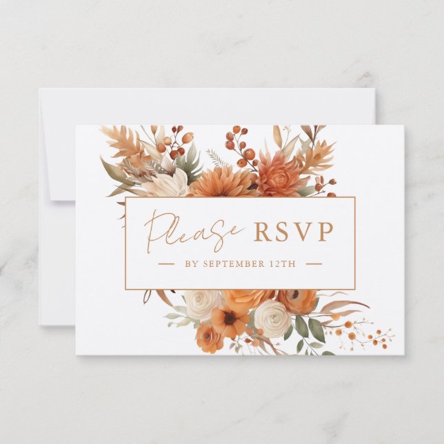 Elegant Script Autumn Botanical Floral Wedding RSVP Card (Front)