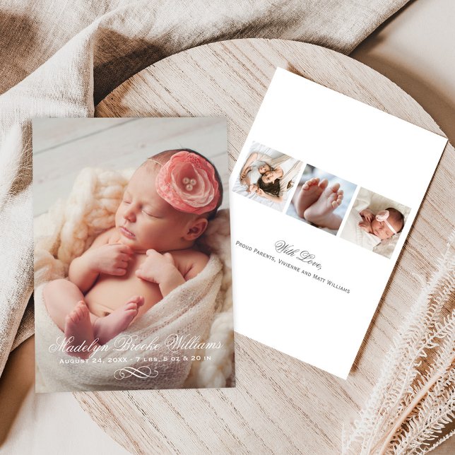Elegant Script Baby Girl Multi Photo Birth Announcement (Creator Uploaded)