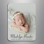 Elegant Script Baby Girl Photo Birth Magnet<br><div class="desc">Share your baby girl's arrival with this elegant photo birth announcement magnet. Your favourite newborn portrait is showcased with the baby's name in beautiful script and birth details in charcoal below. A clean, timeless design that family and friends can display as a keepsake for years to come. Text colour is...</div>