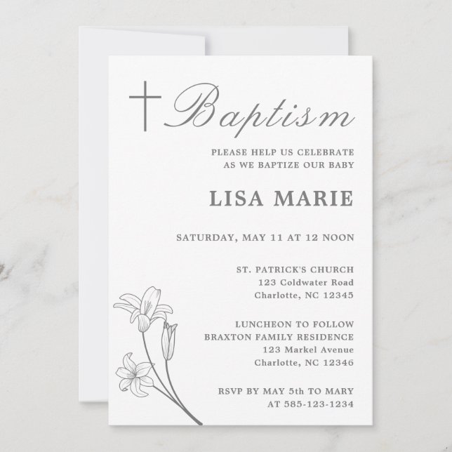 Elegant Script Baby White Baptism Invitation (Front)