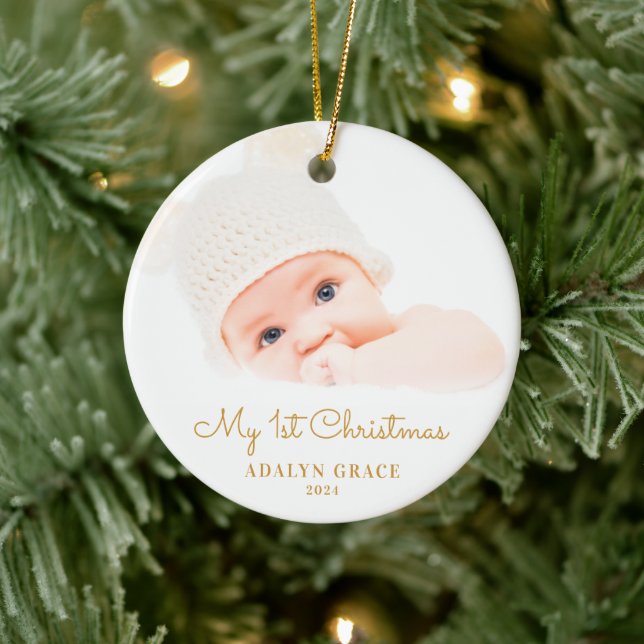 Elegant Script Baby's First Christmas Photo Gold Ceramic Tree Decoration (Tree)