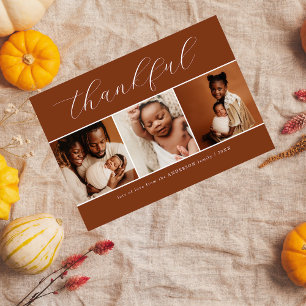 Elegant Script Beige 3 Photo Thankful Thanksgiving Holiday Card