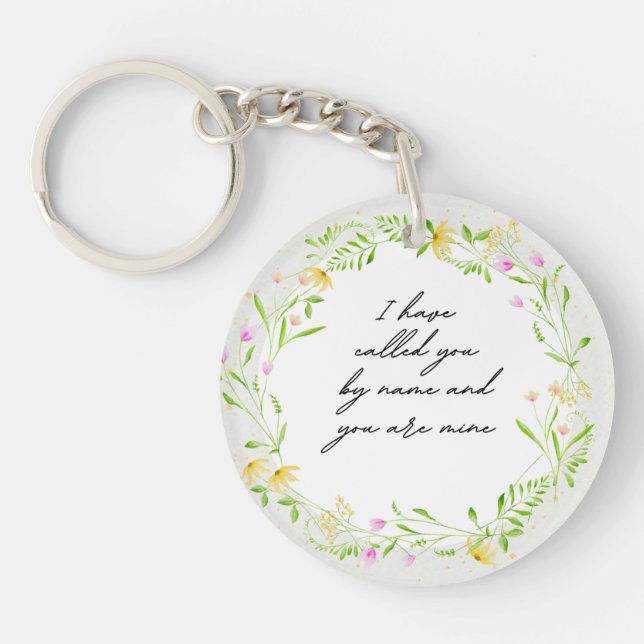 Elegant Script Bible Verse Botanical Wildflower Key Ring (Front)