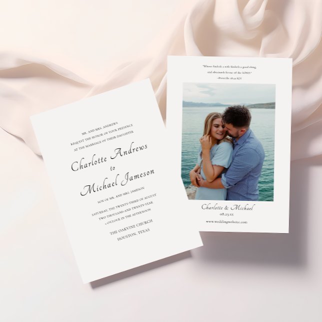 Elegant Script Bible Verse Photo Wedding Invitation (CHARLOTTE WEDDING INVITATION BLACK AND WHITE)