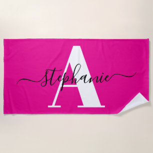 Elegant Script Big Monogram Hot Pink Beach Towel