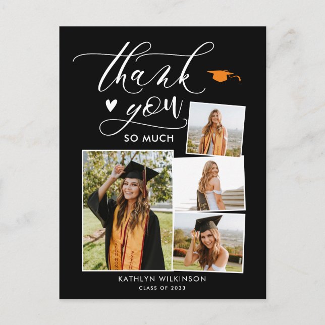 Elegant Script Black 4 Photo Graduation Thank You Postcard (Front)