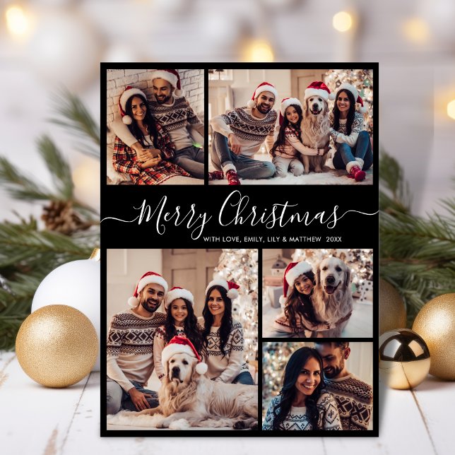 Elegant Script Black 5 Photo Collage Christmas  Holiday Card (Creator Uploaded)