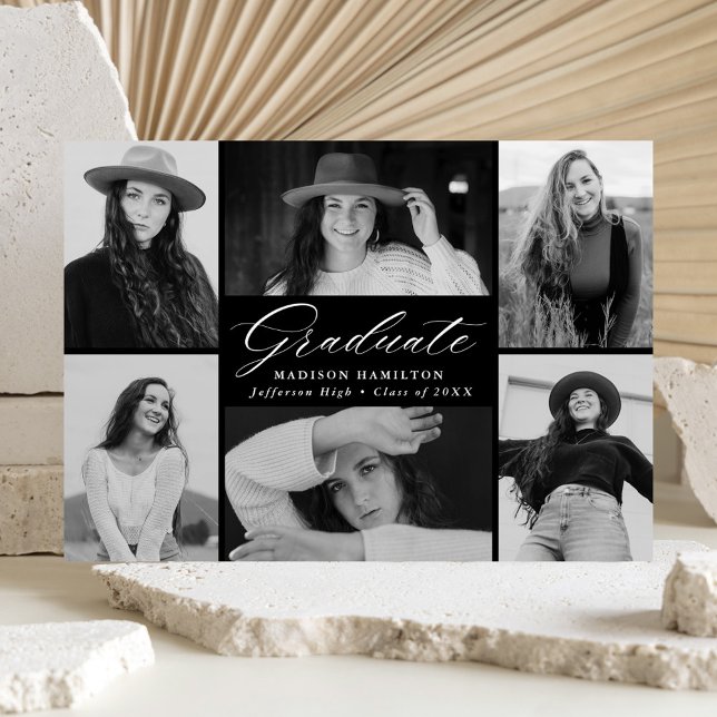 Elegant Script Black 6 Photo Collage Graduation Announcement (Creator Uploaded)