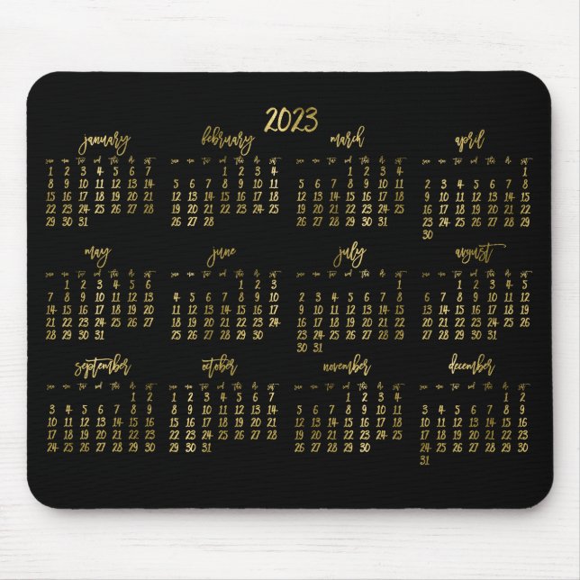 Elegant Script Black And Faux Gold Calendar 2023 Mouse Pad (Front)