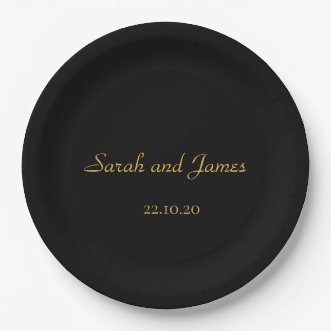 Elegant Script Black and Gold Wedding Party Paper Plate (Front)