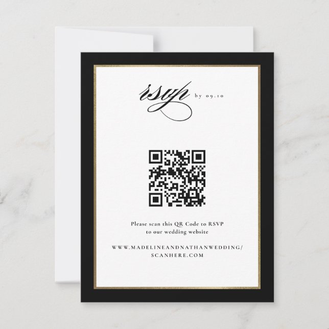 Elegant Script Black and Gold Wedding QR Code RSVP Card (Front)