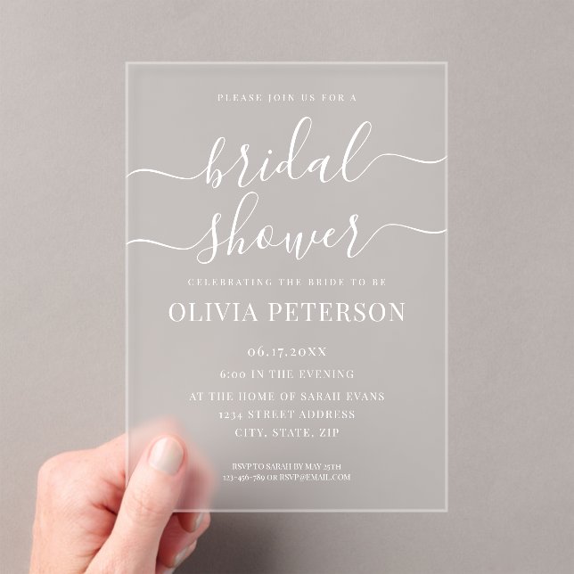 Elegant Script Black and White Bridal Shower Acrylic Invitations (Insitu (Handheld))