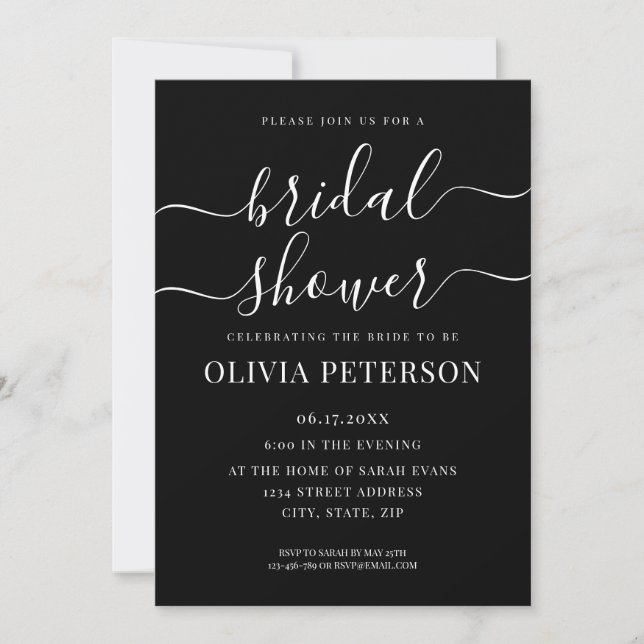 Elegant Script Black and White Bridal Shower Invitation (Front)