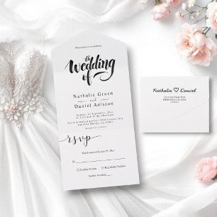Elegant Script Black and White Calligraphy Wedding All In One Invitation
