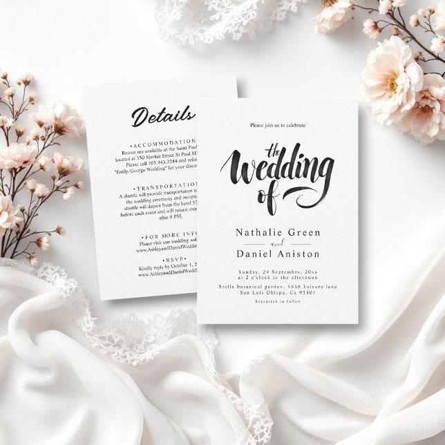 Elegant Script Black and White Calligraphy Wedding Invitation (Creator Uploaded)