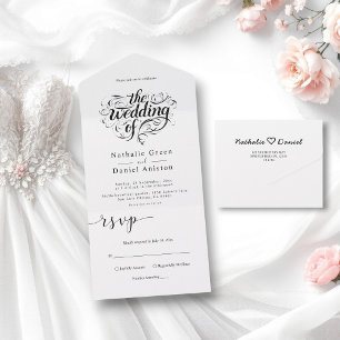 Elegant Script Black and White Classic Wedding All In One Invitation