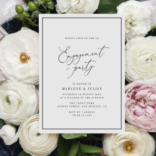 elegant script black and white engagement party invitation
