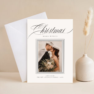 Elegant Script Black and White Photo Christmas Holiday Card